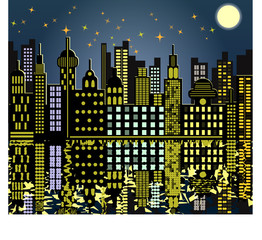 Vintage town at night. Bright moon and shooting star.