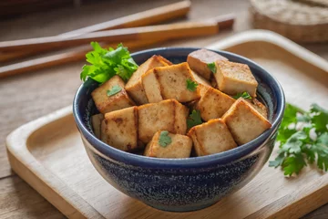 Papier Peint photo Plats de repas Fried tofu in bowl, Vegetarian food