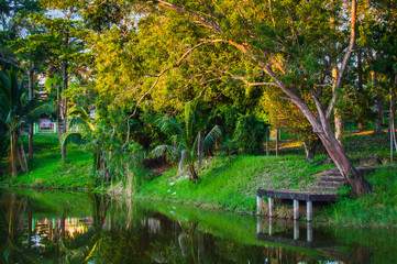 Authentic stone staircase and pier near a picturesque pond