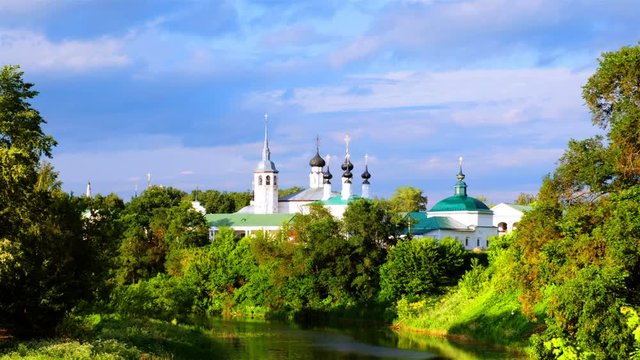 Suzdal, Russia. Panoramic view of white church in Suzdal, Russia during a cloudy morning. Golden tour trip in Russia