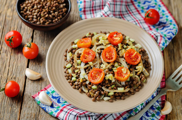 Green Lentil roasted onion and tomato salad