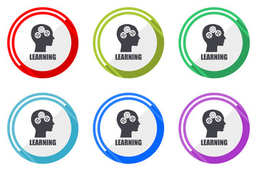Learning editable flat vector icons collection, round circle web buttons, set of colorful computer and smartphone application signs easy to edit
