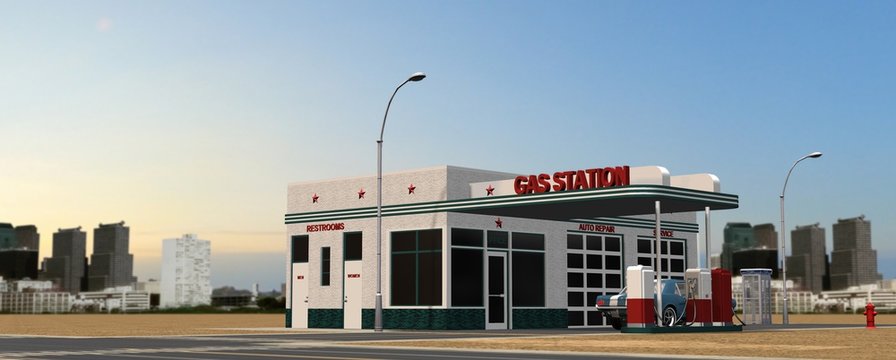 old gas station in the desert with city skyline in the background