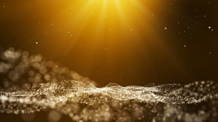 Brown Golden background, digital signature with wave particles rise up, sparkle, space with depth of field. The particles Golden light lines.