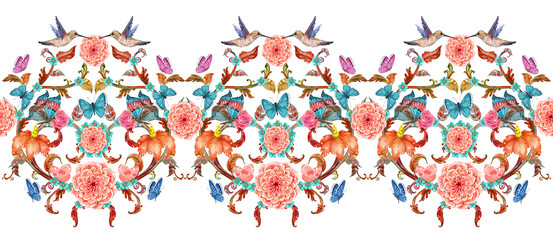 elegant seamless border with fancy floral arabesques and hummingbirds. watercolor painting