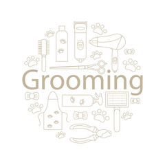Fototapeta na wymiar Icons for grooming in the line style. Tools and accessories for the groom. A round banner of icons for caring for animals. Vector illustration.
