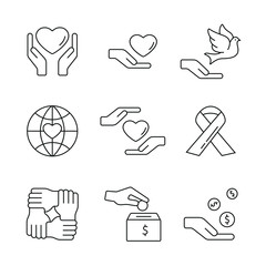 Support and care related icons: thin vector icon set, black and white kit - obrazy, fototapety, plakaty