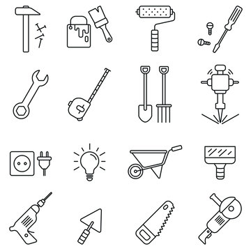 Tools related icons: thin vector icon set, black and white kit