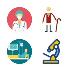 hospital vector icons set. elder, surgeon, patient and microscope in this set
