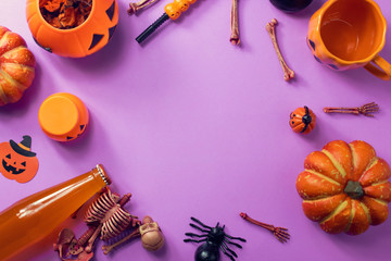 top view halloween party holiday with set prop on purple pink background