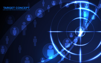 Abstract shooting target audience template on black blue background. Focus people, digital technology futuristic design concept.