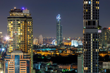 Fototapeta na wymiar Bangkok City - Aerial view beautiful sunset Bangkok city downtown skyline of Thailand , cityscape at night , landscape Bangkok Thailand