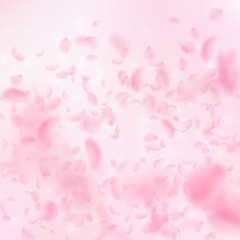 Sakura petals falling down. Romantic pink flowers gradient. Flying petals on pink square background.