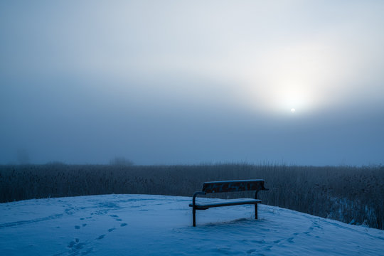 Bench in winter fog © Marcus Holmqvist