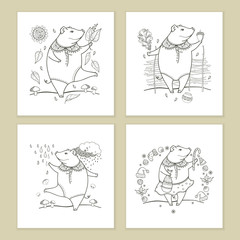Vector set of greeting card with outline black cute funny pig isolated on white background. Contour symbol of Chinese New Year 2019. Ornate pig and autumn decor for holiday design or coloring book.