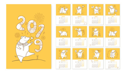 Vector wall calendar for 2019 year with outline cute pig in white and orange. Week starts from Monday. Contour symbol of Chinese New Year. Design print template with ornate pig and season decoration.