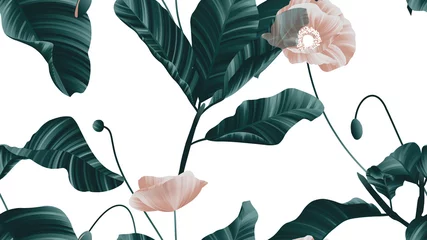 Poster Seamless pattern, brown poppy flowers with green leaves on white background © momosama