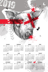 Vector wall calendar for 2019 year in Trash Polka with sketch head of pig in black. Monday start. Symbol of Chinese New Year. Design print template with pig, arrows, butterfly, cross and blot in red.