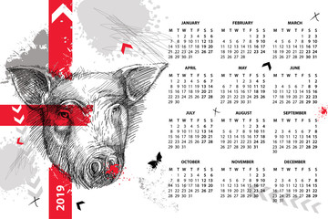 Vector wall calendar for 2019 year in Trash Polka with sketch head of pig in black. Monday start. Symbol of Chinese New Year. Design print template with pig, arrow, butterfly and red and grey blot. © bokasana
