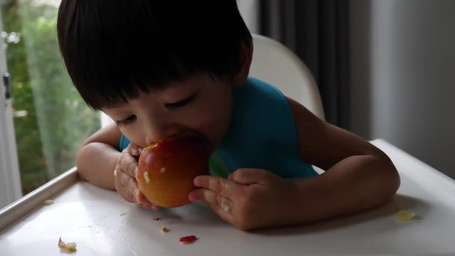 first time, cute child eating bite a apple