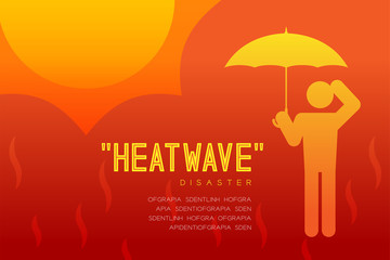 Heatwave Disaster of man icon pictogram with umbrella design infographic illustration isolated on orange red gradient background, with copy space