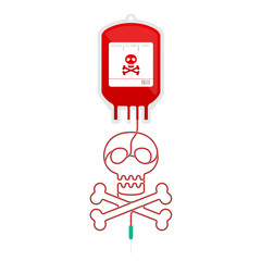 Blood bag red color with skull and crossbones shape made from cord illustration danger concept flat design isolated on white background, with copy space