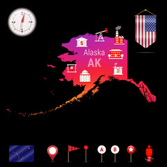Alaska Vector Map, Night View. Compass Icon, Map Navigation Elements. Pennant Flag of the United States. Vector Flag of Alaska. Various Industries, Economic Geography Icons.