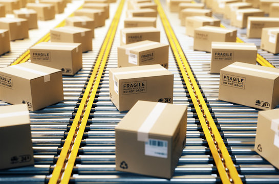 The Parcel Is On The Conveyor Belt,Concept Of Automatic Logistics Management.3d Rendering.