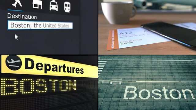 Flight to Boston. Traveling to the United States conceptual montage animation