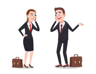 Obraz premium Businessman And Businesswoman Characters Talking on the Phone. Cartoon Style Vector Illustration