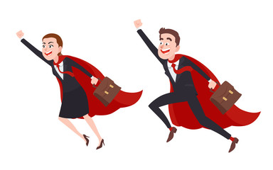 Businesswoman and Businessman Character In Superhero Red Cape Costume. Cartoon Style Vector Illustration