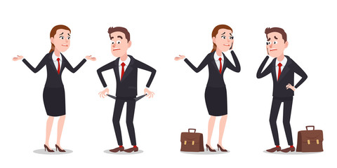 Upset Businessman And Businesswoman Without Money and Talking on Phone Characters Set. Cartoon Style Vector Illustration