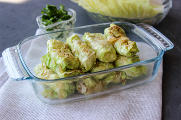 Stuffed Chinese cabbage with rice stuffing.