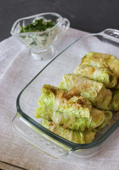 Stuffed Chinese cabbage with rice stuffing.