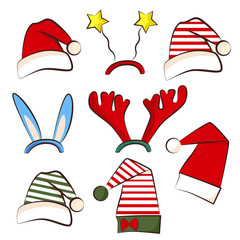Christmas bright party hat. Set for photo booth xmas party. Antler, star and star hat. Traditional santa and elf hats for new year celebration