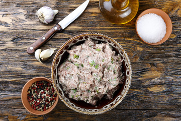 minced meat in a plate and spices