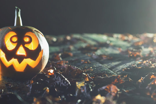 Halloween pumpkin at wood background. October holiday.