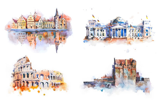 Watercolor drawing most famous buildings, architecture, sights of European countries.