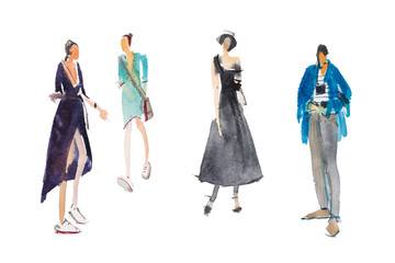 Different types of walking people Watercolor illustration Quick sketch drawing. © undrey