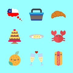 food vector icons set. toast, kruassan, crab and shopping basket in this set
