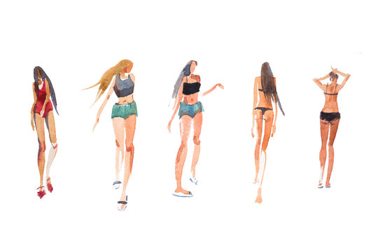 Young beautiful women, girls in summer clothes and swimwear Watercolor illustration