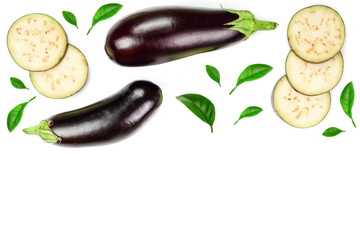 eggplant or aubergine isolated on white background with copy space for your text. Top view. Flat lay pattern