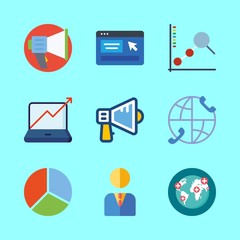 marketing vector icons set. pie chart, worldwide, line chart and manager in this set