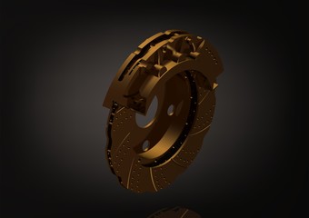 Golden brake disc on a black background. 3D rendering