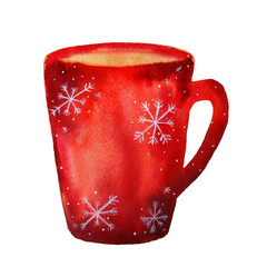 Watercolor christmas cup of coffee isolated on a white background.
