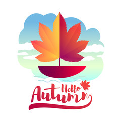 Vector autumn illustration. A boat with a sail in the form of an autumn leaf.