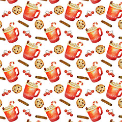 Seamless christmas pattern. Cup of coffee with marhmallows, cookies, berries.