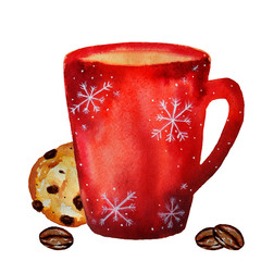 Watercolor christmas cup, cake, coffee beans isolated on a white background.