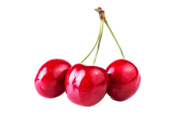 Three sweet cherries ripe berries isolated on white background