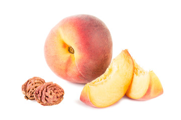 Peach fresh fruit, slices and seeds isolated on white background front view